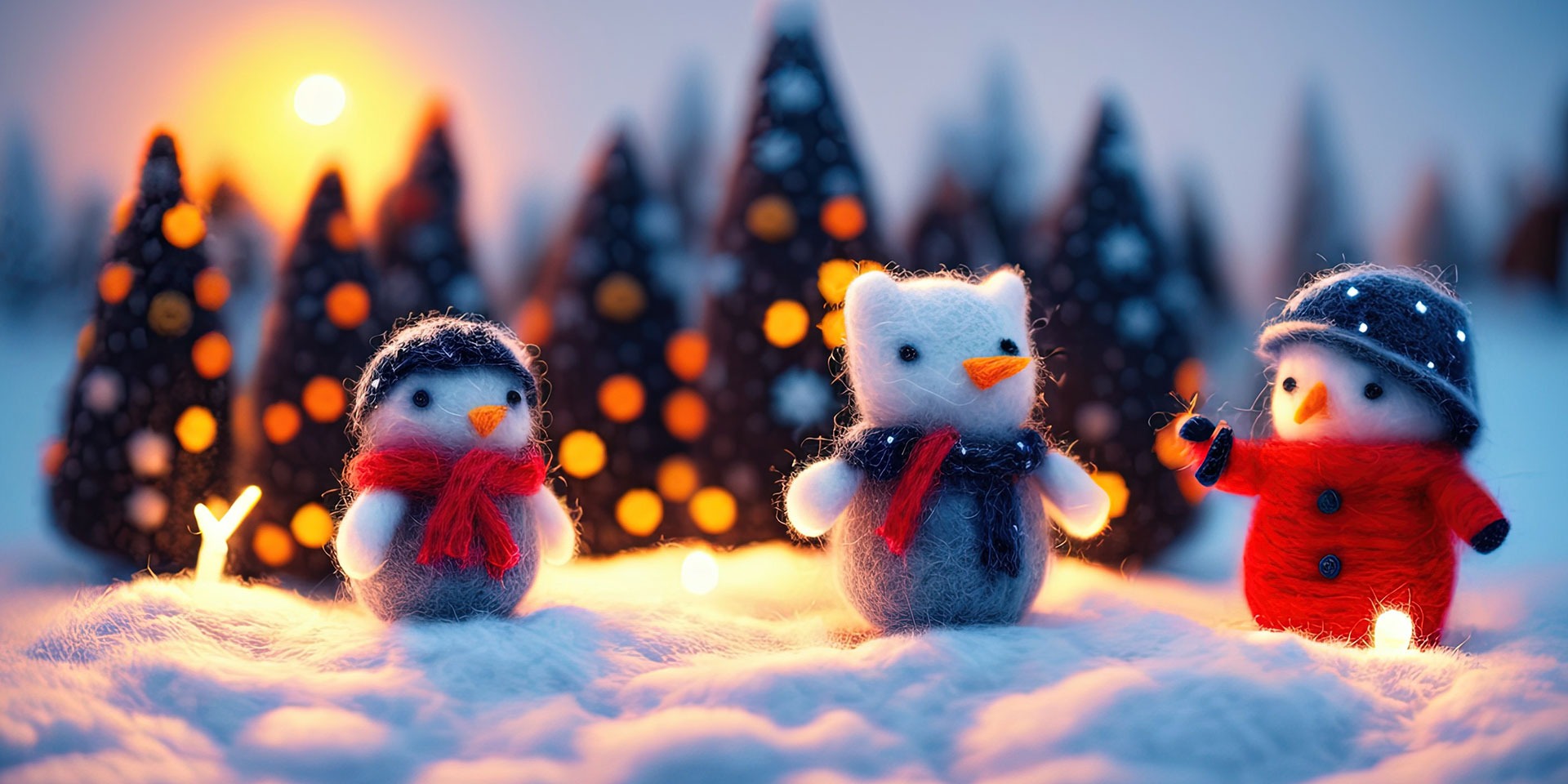 Cute Woolen Snowman and Tree in Winter Scene
