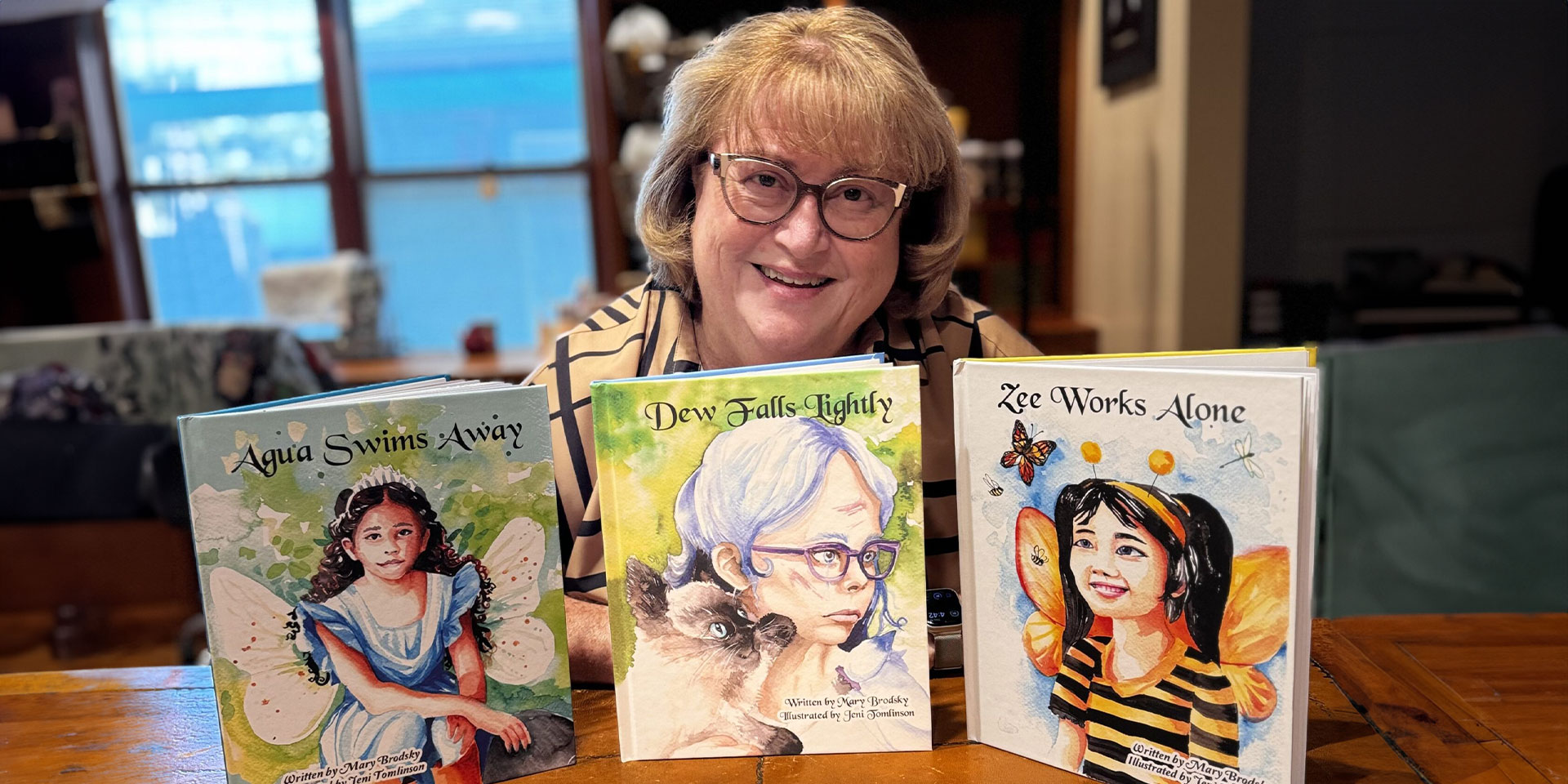 Mary Brodsky with three of her new books