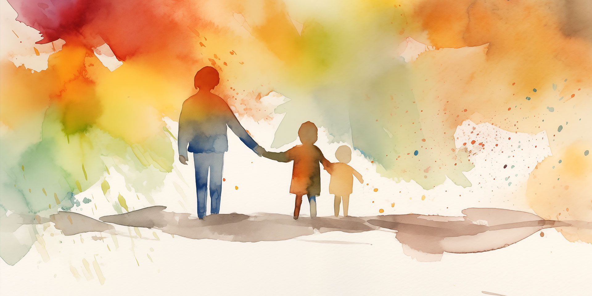 Watercolor of adult holding hands with children