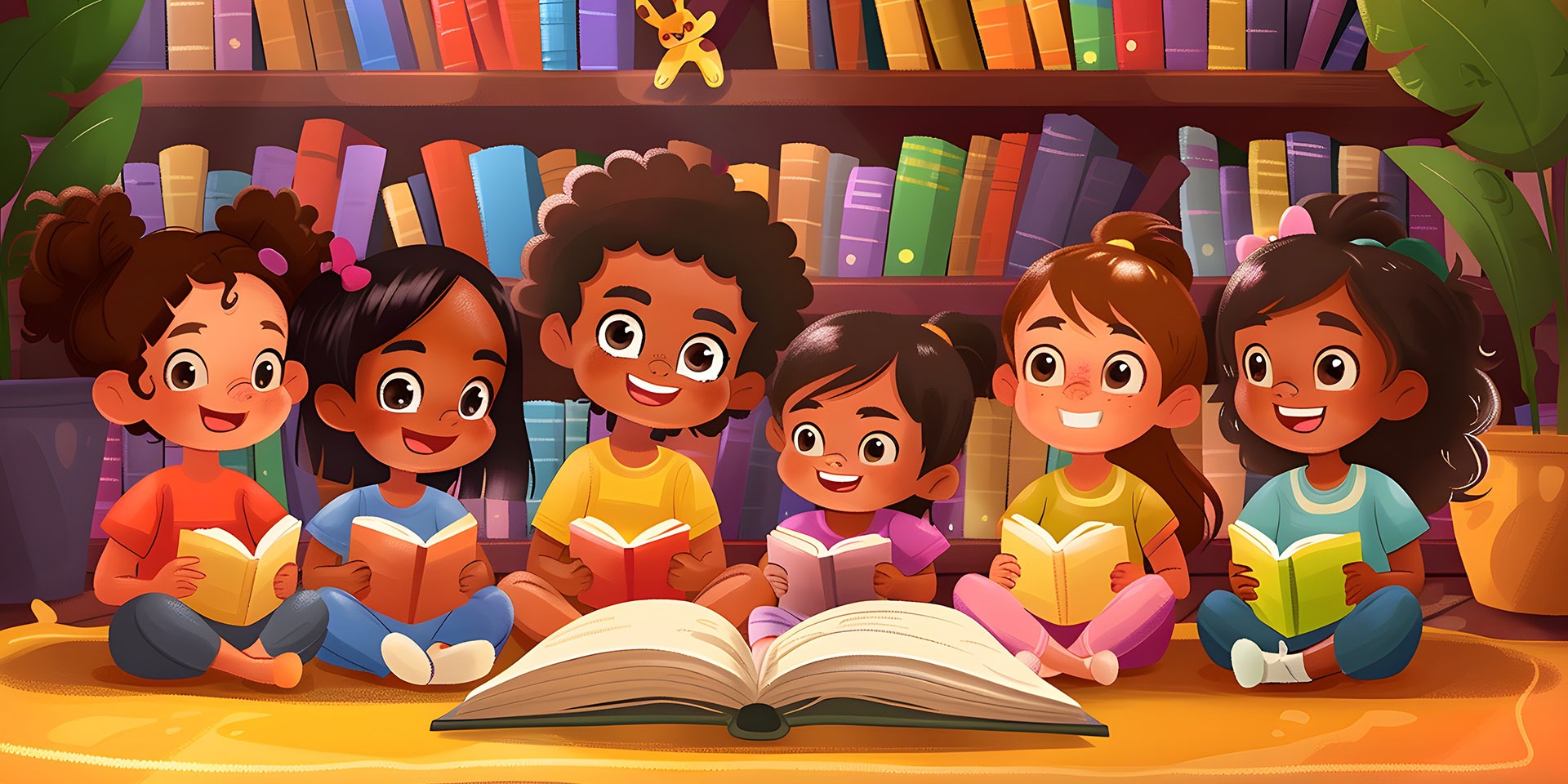 Illustration of smiling group of children during story time